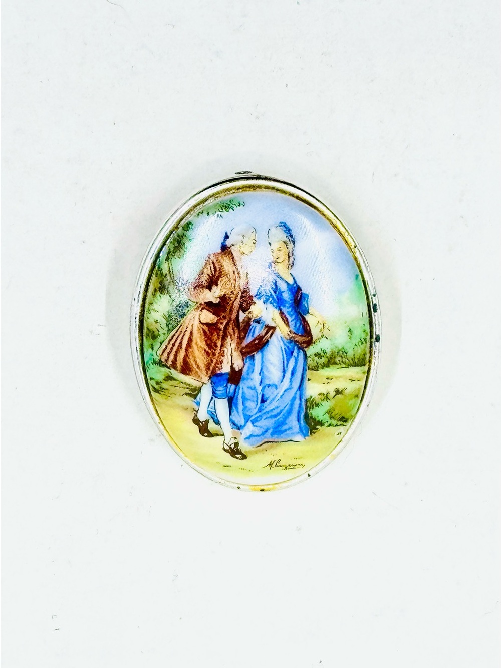 Vintage Signed Western Germany Hand-Painted Porcelain Courting Couple Brooch